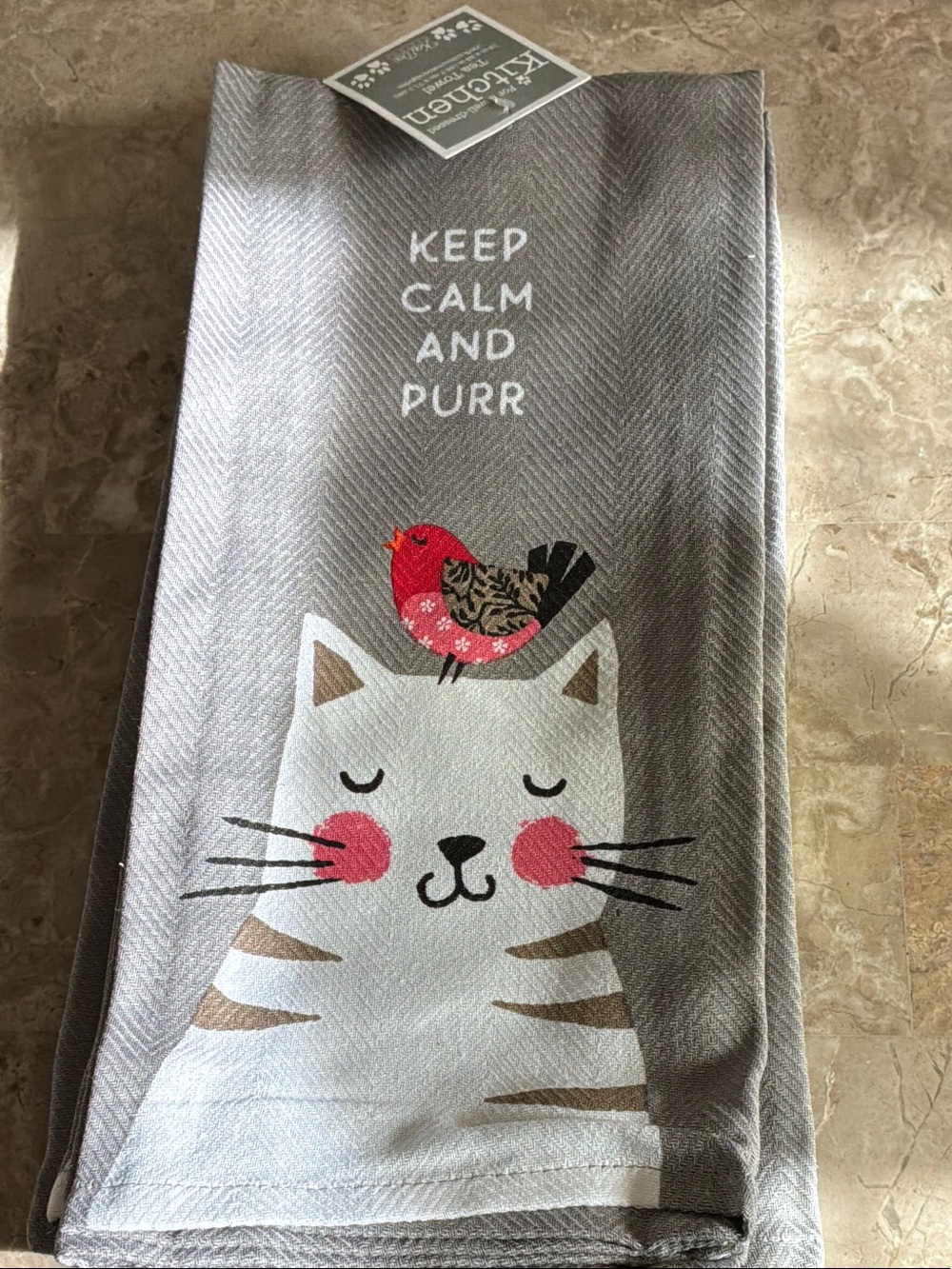 Three Kitchen Tea Towels - Gray Cat & Pink Bird Design